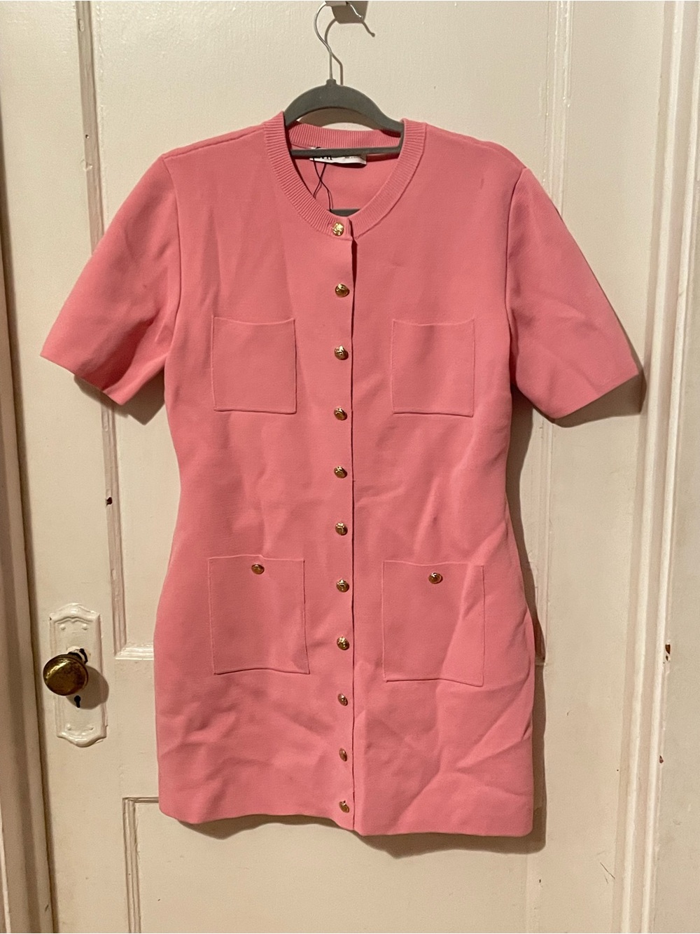 Zara Pink Short-Sleeve Button-Front Pocket Dress